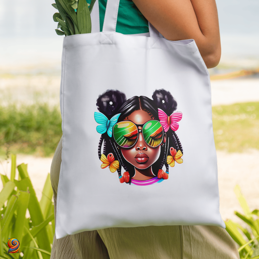 Tote Bag afro shopping "Fillette lunettes et papillons" - Twende Art